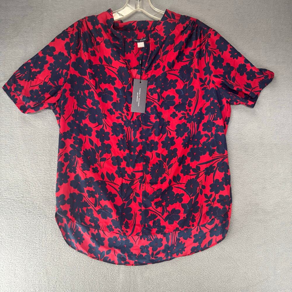 Tommy Hilfiger Floral Print Puff-Sleeve Top Women's M Chili Pepper Elbow Sleeve‎